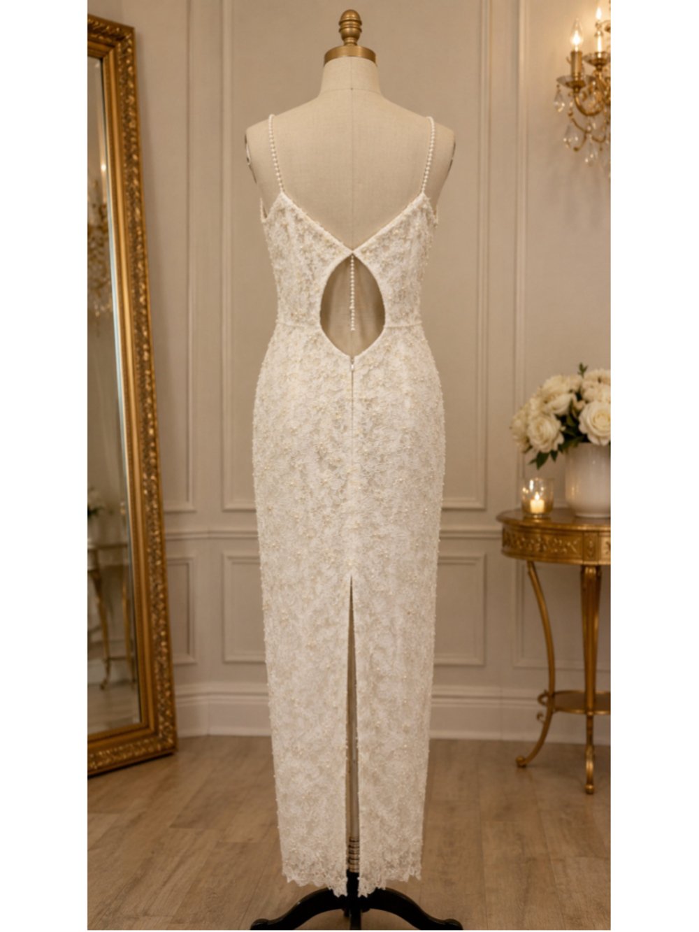 Ivory Beaded Floral Lace Open-Back Bridal Occasion Gown - Picture 3 of 8